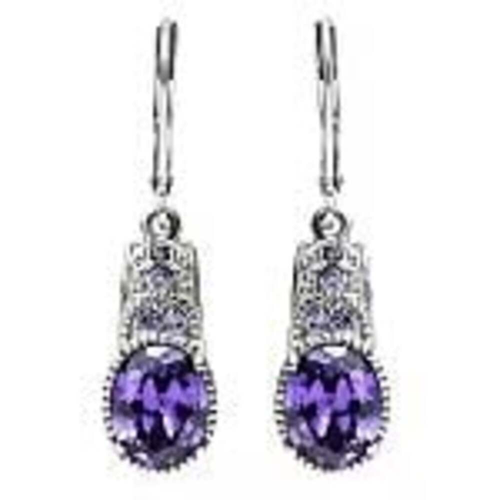 Vintage Style 925 Sterling Silver Oval Purple CZ Marcasite Dangle Drop Earrings